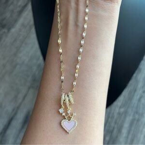 Gold Cubic Zirconia Crown Heart Pendant Necklace W/Pink Enamel Stainless Steel